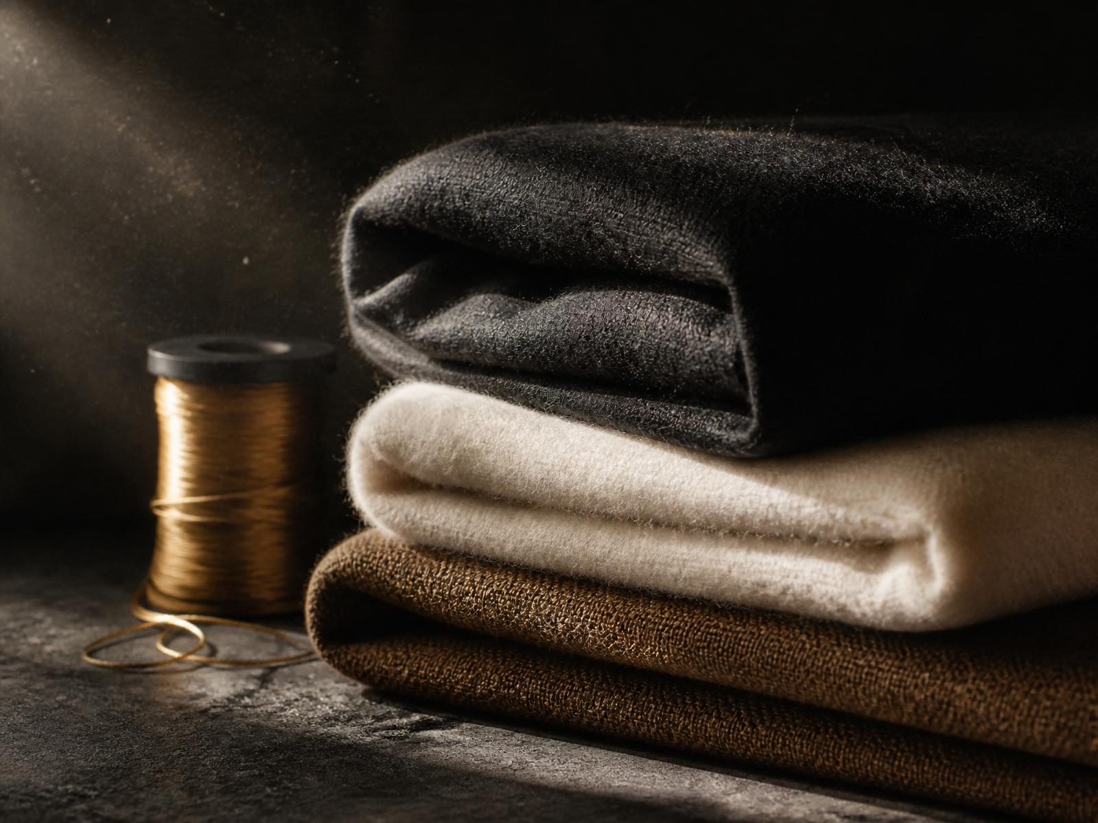 Folded stack of heavyweight fleece, brushed cotton, and silk lining with a spool of gold thread